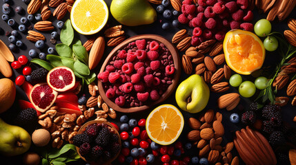 Selection of healthy food. Super foods, various fruits and assorted berries, nuts and seeds. - obrazy, fototapety, plakaty