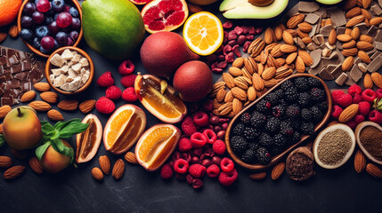 Fototapeta premium Selection of healthy food. Super foods, various fruits and assorted berries, nuts and seeds.
