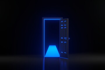 Light going through the opening door with bright glowing futuristic blue neon lights on black background. Architectural design element. 3D render illustration