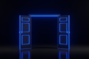 Open door in a room with bright glowing futuristic blue neon lights on black background. Architectural design element. 3D render illustration
