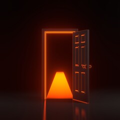 Light going through the opening door with bright glowing futuristic orange neon lights on black background. Architectural design element. 3D render illustration
