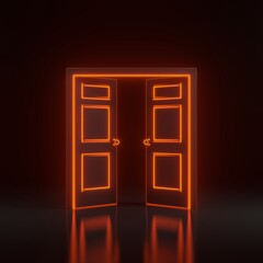 Open door in a room with bright glowing futuristic orange neon lights on black background. Architectural design element. 3D render illustration