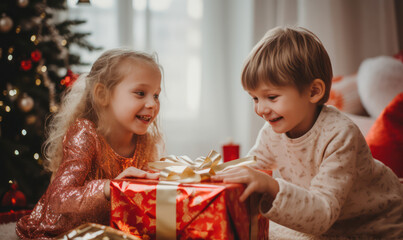 Fototapeta na wymiar Festive Unwrapping, Children Joyfully Opening New Year's Gifts - Pure Delight and Excitement.