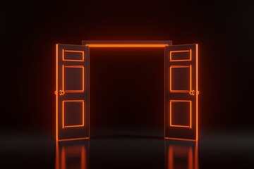 Open door in a room with bright glowing futuristic orange neon lights on black background. Architectural design element. 3D render illustration
