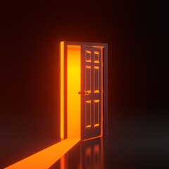 Light going through the opening door with bright glowing futuristic orange neon lights on black background. Architectural design element. 3D render illustration