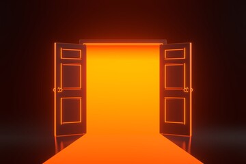 Light going through the opening door with bright glowing futuristic orange neon lights on black background. Architectural design element. 3D render illustration
