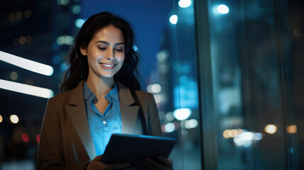A young businesswoman stands in an office at night with a tablet in her hands.