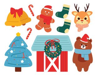 Christmas sticker set. cartoon set of Christmas items, Christmas element sticker. colorful vector sticker illustration