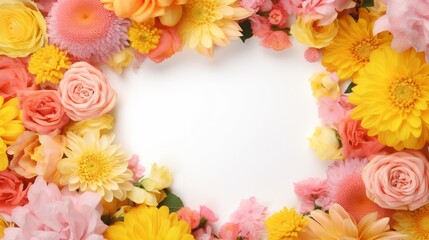 Festive yellow pink flowers frame composition on white.Generative AI