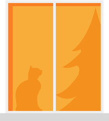 Silhouette of a cat and a Christmas tree in the window of a house.  Transparent background. Vector illustration
