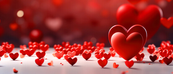 Abstract 3D gorizontal banner for Valentine's day with red hearts on a red background - copy space for text