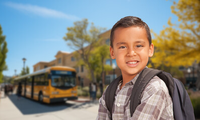 Cute Young Hispanic Boy Wearing a Backpack Near a School Bus on Campus.
