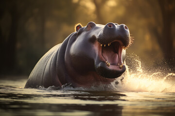 Hippo opens mouth in water in front of daytime view - obrazy, fototapety, plakaty