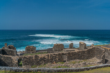 Fototapeta na wymiar Atlantic ocean landscape with ruins of a synagogue at the north coast of Santo Antao Island