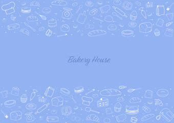 Bakery ingredients outline icons on blue background