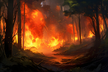 panorama of a forest fire, burning trees and bushes. conflagration, wildfire. flames and clouds of smoke in the jungle. an environmental disaster.