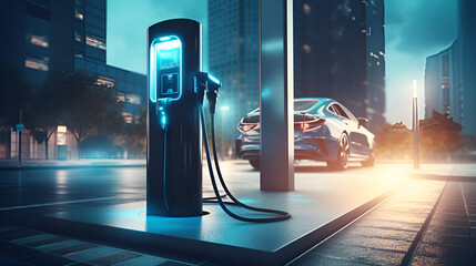 gas station in the evening,Gas Station 3d Rendering .electric car of the future.AI Generative 