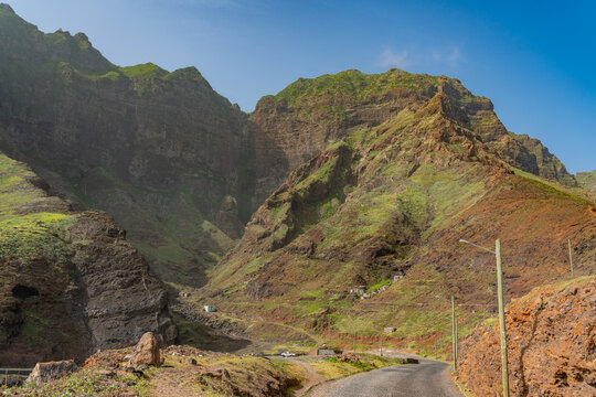 Landscape with green mountain at the north coast of Santo Antao Island