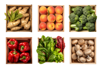 Vegetables and fruits in the wood box on background isolated, close up collection of organic fresh fruits and vegetables for healthy food, well being theme
