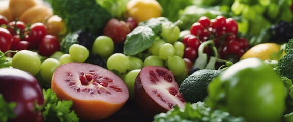 fresh vegetables and fruits on blurred background of green leaves.