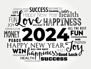 2024 year greeting word cloud collage, Happy New Year celebration greeting card