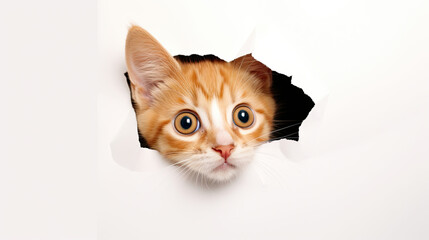 Curious cat peeks in surprise through a hole in the paper, concept of curiosity 