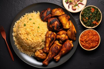 Delicious Nigerian Food Flat Lay Composition with Rice, Meat, Chicken and Fried Dishes for a Hearty...