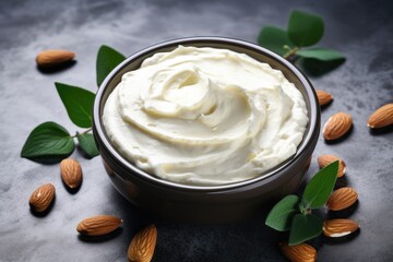 DIY Almond Cocoa Body Butter for Beauty and Care. Aromatherapy Cleanse in Bowl on Concrete Background - obrazy, fototapety, plakaty