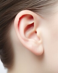 Close-up Shot of Human Ear on White Background - Isolated Ear Image for Sound Perception and Torn Background Effect
