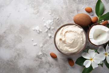 DIY Cocoa and Almond Body Butter for Nourishing Beauty Care on Concrete Background - obrazy, fototapety, plakaty