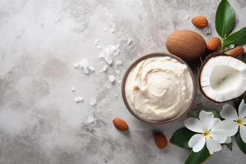  DIY Cocoa and Almond Body Butter for Nourishing Beauty Care on Concrete Background © AIGen