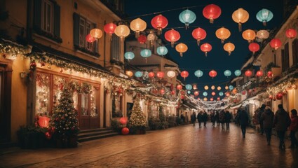 New Year's street is decorated with garlands