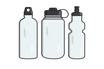Gym water bottle collection with carry strap vector icon illustration. Drink objects icon design concept, Gym bottle, School water bottle, Drinking water, Fitness flask, Sport water bottle,