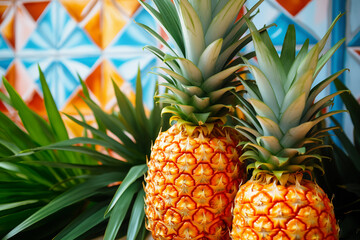 Obraz premium Pineapples in colorful tropical jungle. Generative AI