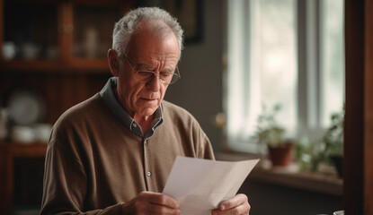 Mature Senior Older Man Worried Reading Letter - obrazy, fototapety, plakaty