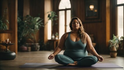Fat black girl doing yoga - obrazy, fototapety, plakaty