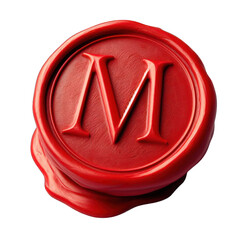 Red wax seal of alphabet M isolated on transparent background.