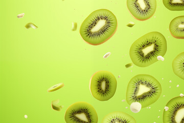 Fototapeta premium Levitating kiwi slices with splashes on green. Generative AI