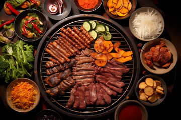 korean barbecue in thai style Thai barbecue pork, all you can eat barbecue buffet,  top view