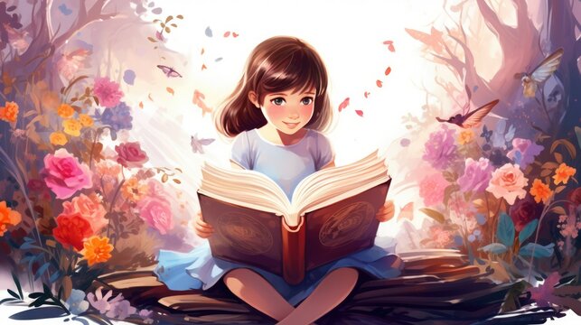 Little girl love read fairy tale book. Pretty kid illustration. Pink flowers forest. Beautiful child learn literature. Happy childhood concept. Reader enjoy interesting textbook. Fantasy imagination.