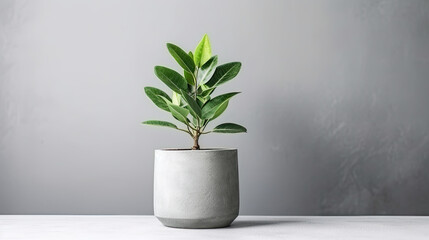 Green plant in a concrete pot on a grey background 