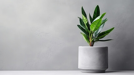 Green plant in a concrete pot on a grey background  - obrazy, fototapety, plakaty
