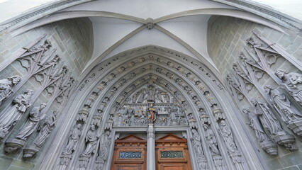 Fribourg, Switzerland Circa March 2022 - Entrance of Ancient Traditional Saint Nicholas Cathedral,...