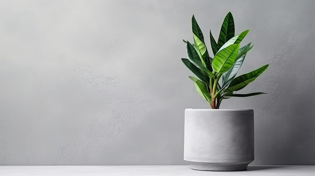 Green Plant In A Concrete Pot On A Grey Background 