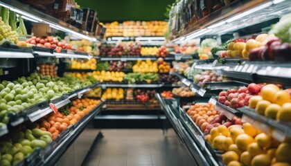Fruits and vegetables in the refrigerated shelf of a supermarket - obrazy, fototapety, plakaty