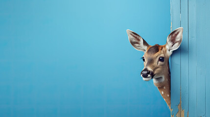 reindeer peeking around a corner, blue background, place for a text 