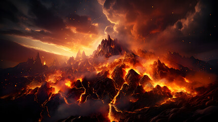 volcanic eruption, streams of incandescent lava flow down the slope. fire magma. - obrazy, fototapety, plakaty