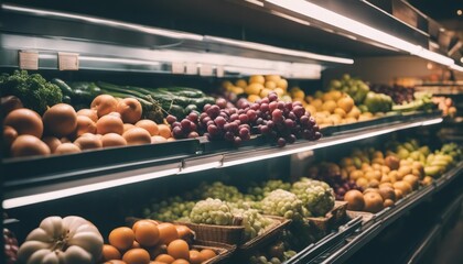Fruits and vegetables in the refrigerated shelf of a supermarket - obrazy, fototapety, plakaty