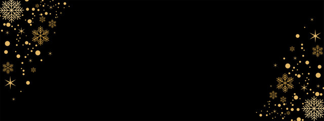 Golden decoration festive border falling glitter dust, snow and stars. Merry Christmas sale banner. Gold snowflake on black background. Vector illustration EPS 10