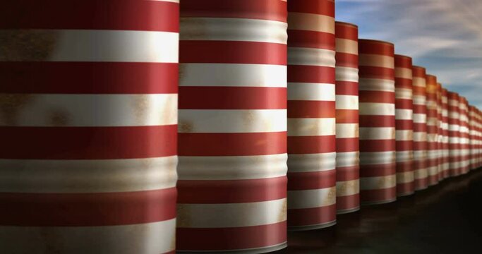 USA oil crude petroleum fuel barrels in row seamless and loopable concept. American petrol business and fuel extraction industrial containers.